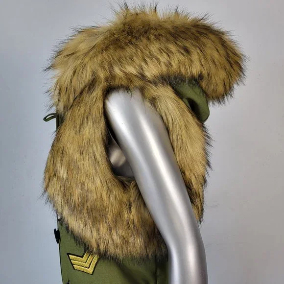 NWOT~$545~KINGSTAR~S/M~ARMY GREEN HOODED FAUX FOX RACCOON FUR PATCHES VEST COAT